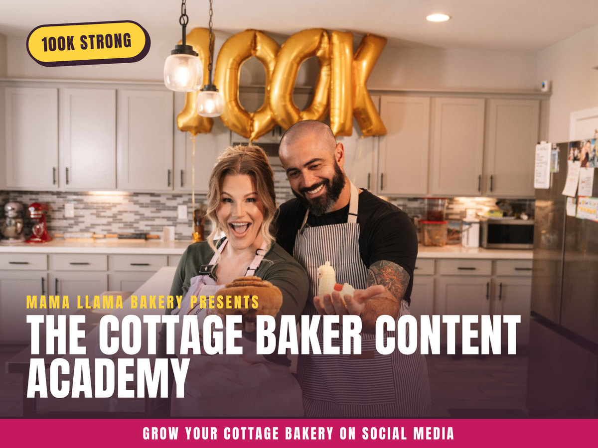 Lindsay and her husband in the Mama Llama kitchen, holding a plush cinnamon roll and llama under gold 100K balloons