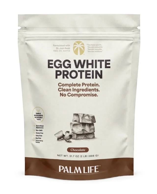 A bag of Palm Life Egg White Protein powder, chocolate flavor