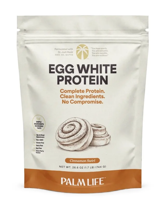 A bag of Palm Life Egg White Protein powder, cinnamon swirl flavor, with a drawing of cinnamon rolls