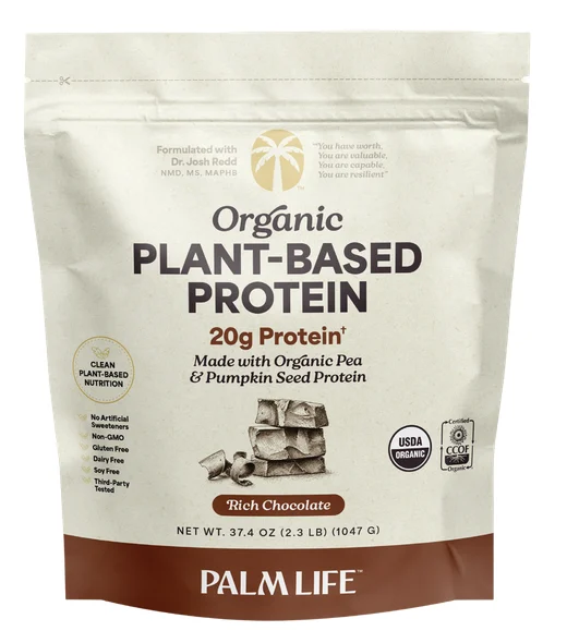 A bag of Palm Life Organic Plant-Based Protein powder, rich chocolate flavor, with a drawing of chocolate pieces
