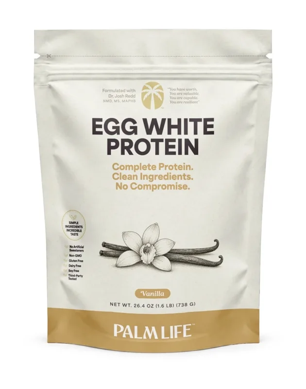 A bag of Palm Life Egg White Protein powder, vanilla flavor, with a drawing of a vanilla flower